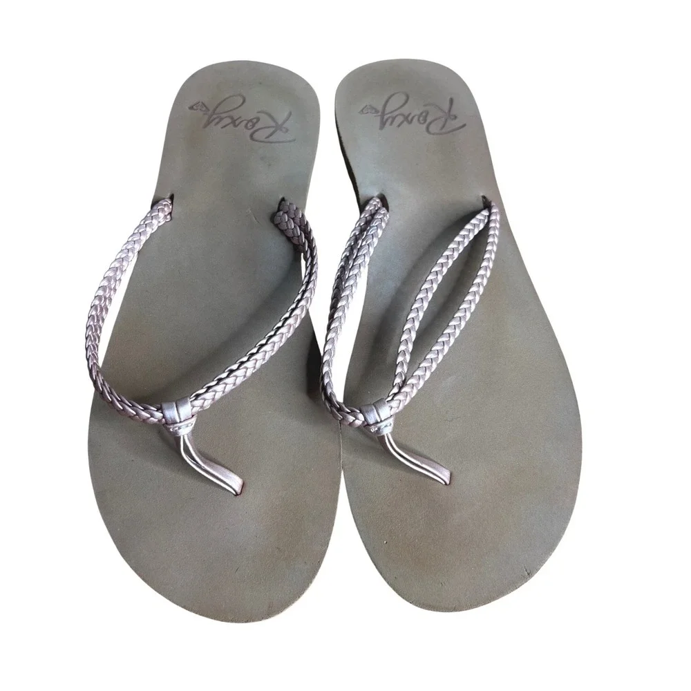 Roxy Flip Flops Thongs Womens Size 9 Rose Gold Braided‎ Metallic Sandal Casual